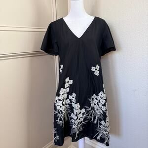 Corey Lynn Calter Black White Floral Embroidered V-Neck Cotton Midi Dress Sz M